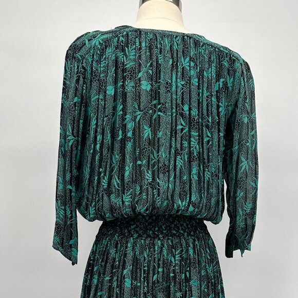 Vintage 1940s Teal and Black Rayon Crêpe, Chiffon Hand, Smocked Floral BoHo Dres - Picture 3 of 4